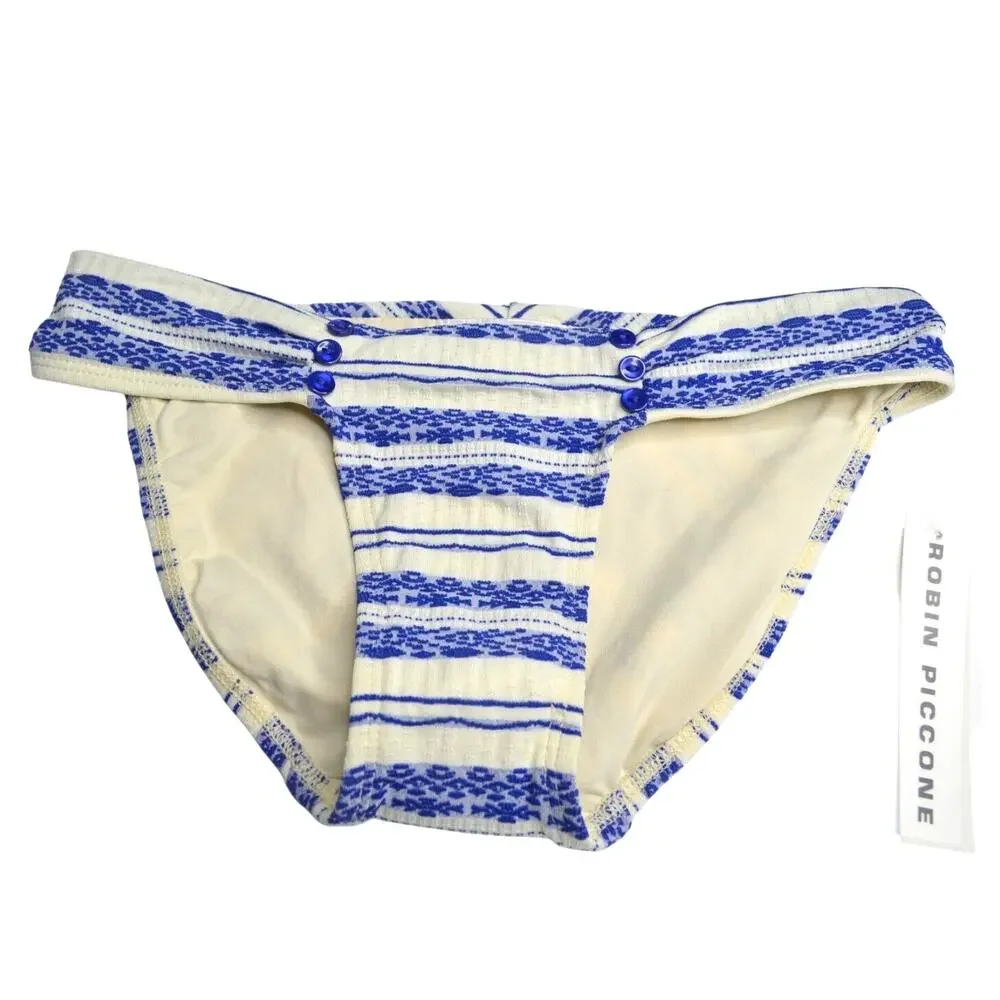 ROBIN PICCONE Women's Blue & Cream Striped Textured Bikini Bottoms